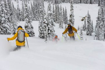 Sam Kutch, Sage Cattabriga-Alosa, Anna Segal at Mike Wiegele Helicopter Skiing